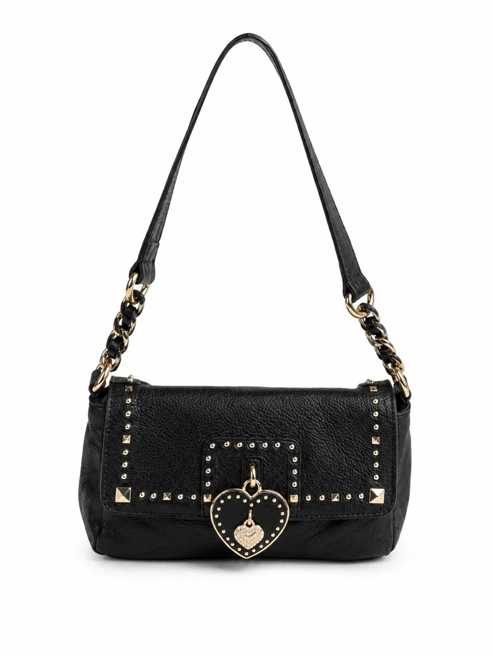 Juicy Couture Black Leather Studded Heart Lock Shoulder Bag Y2K Pink Lining